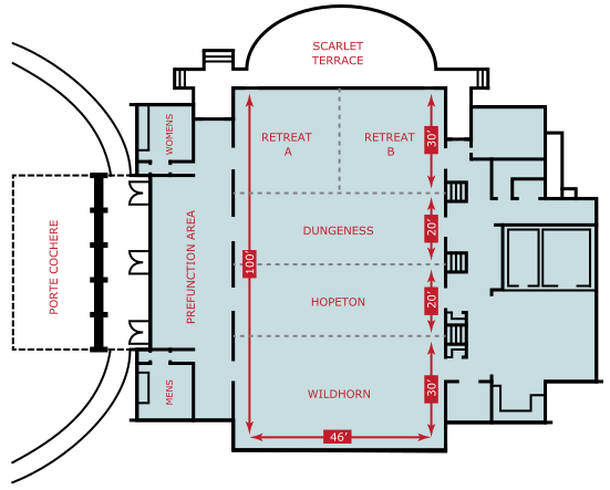 Floor plan of a conference space showing five rooms (Retreat A, Retreat B, Dungeness, Hopeton, and Wildhorn) with labeled dimensions, entrances, prefunction area, womens and mens restrooms, and a terrace. - Villas by the Sea Resort, Jekyll Island