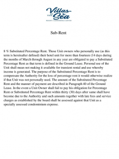 A document with the Villas by the Sea Resort & Conference Center logo at the top, titled Sub-Rent, describing an 8% Substituted Percentage Rent policy for hotel unit owners who use their units personally. - Villas by the Sea Resort, Jekyll Island